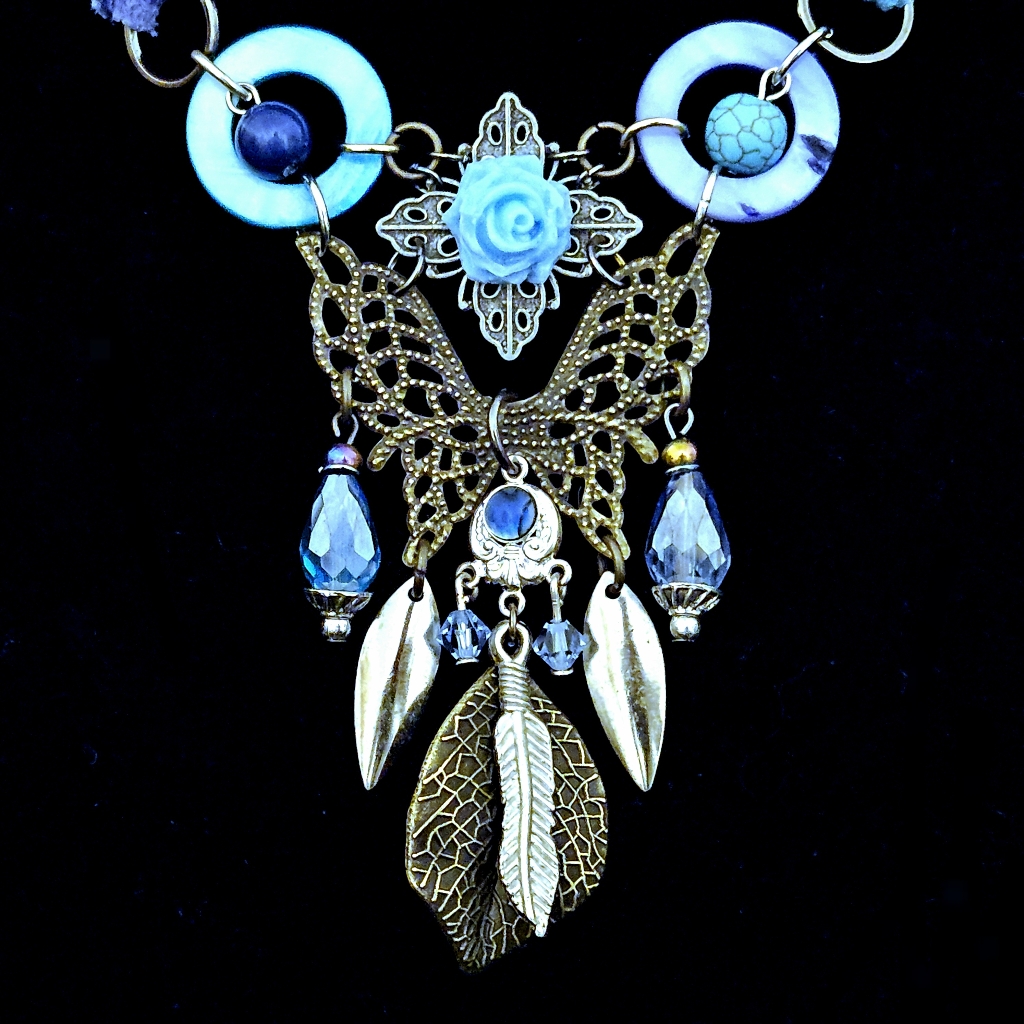 #668 Blue Skies & Butterflies Boho, Bead & Charm Dreamcatcher Pendant Necklace